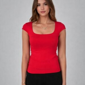 Red Short Sleeve Square Neck Top